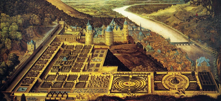 Heidelberg Castle and the Hortus Palatinus, showing the large, multi-level terraced garden. Credit: Jacques Fouquier (1590/1591–1659)/ Immanuel Giel/Wikimedia Commons